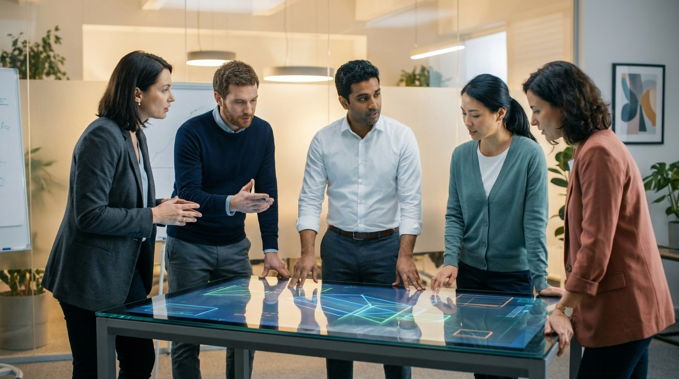 Groupe de cinq collègues interagissant avec une table tactile affichant un réseau lumineux, symbolisant la collaboration technologique.