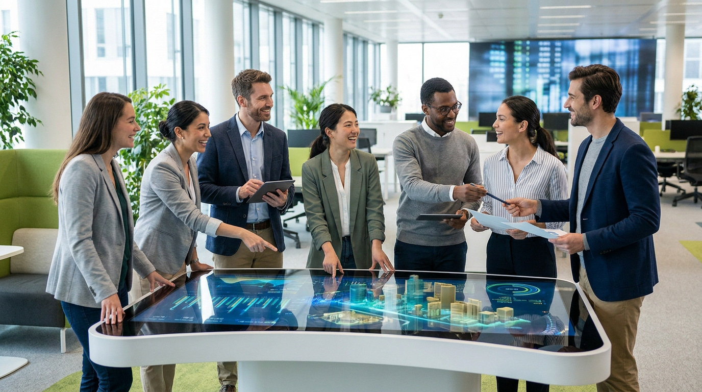 Six professionnels diversifiés souriants interagissent autour d'une table tactile affichant données et modèles 3D en bureau moderne.