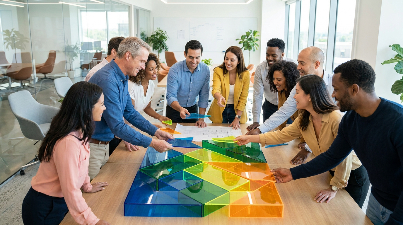 Dix collègues souriants participent à un exercice de team building en assemblant des formes géométriques colorées dans un bureau lumineux.