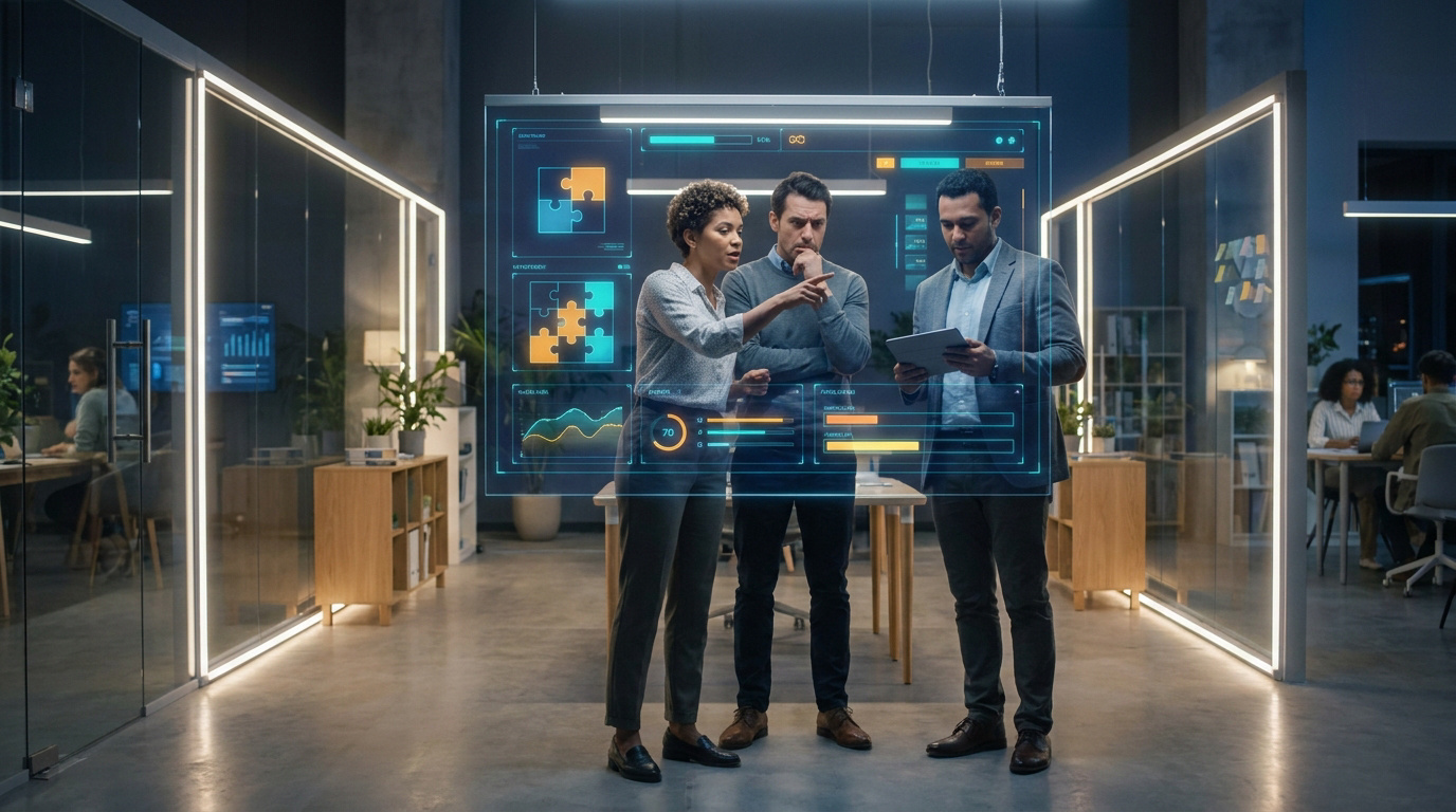 Trois professionnels interagissent avec un écran holographique affichant des données et des puzzles, dans un bureau moderne.