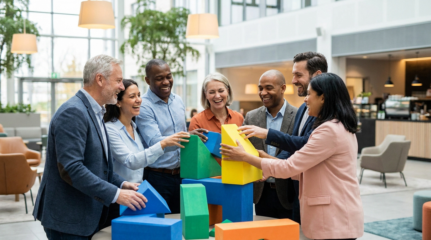 Sept collègues souriants de diverses origines collaborent à un jeu de construction avec des blocs colorés dans un espace de bureau moderne.