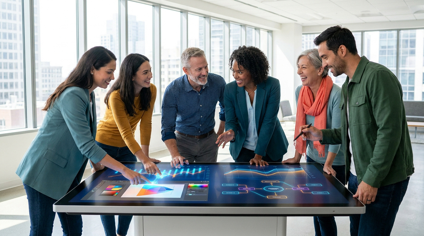 Six collègues diversifiés collaborent joyeusement autour d'une table tactile affichant graphiques et schémas dans un bureau moderne.
