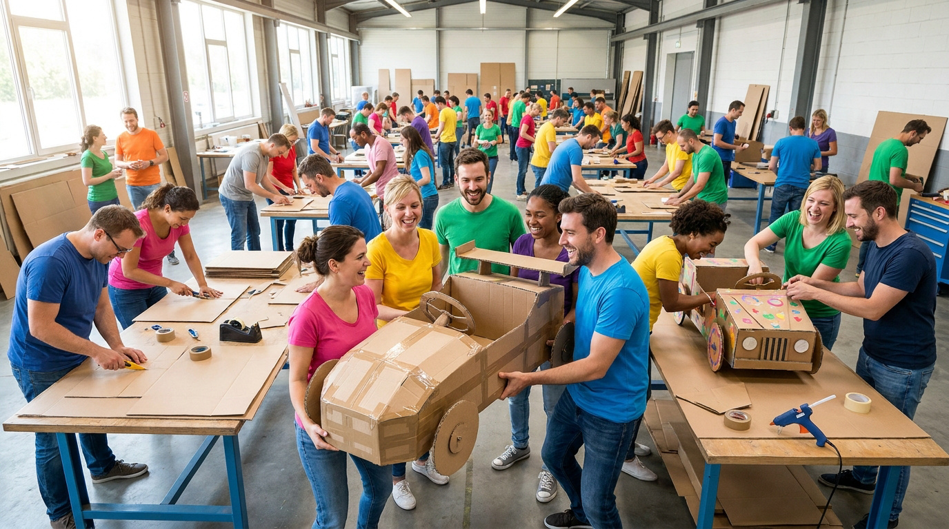 Grand groupe d'adultes souriants construisant des véhicules en carton lors d'un atelier de team building animé et collaboratif.