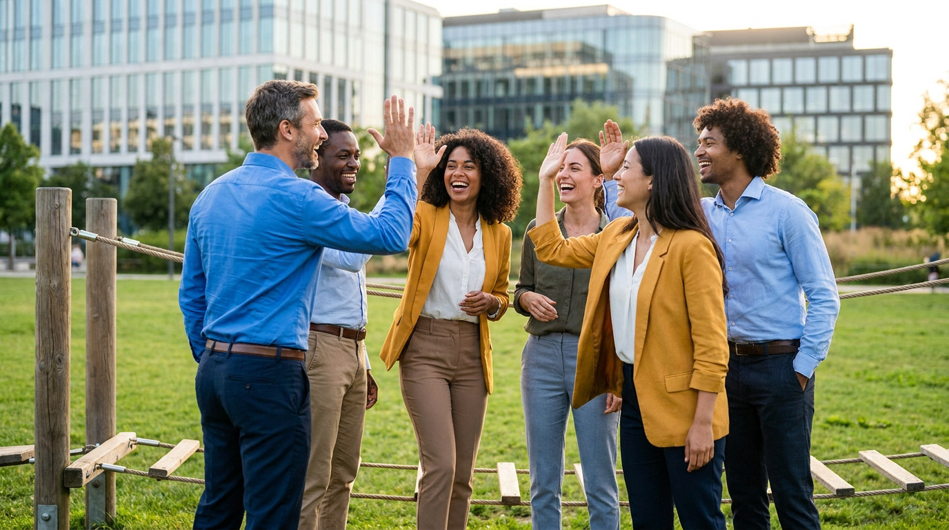 Un groupe diversifié de 6 collègues souriants se donne des high-fives en extérieur, dans un parc avec des immeubles de bureaux en fond.