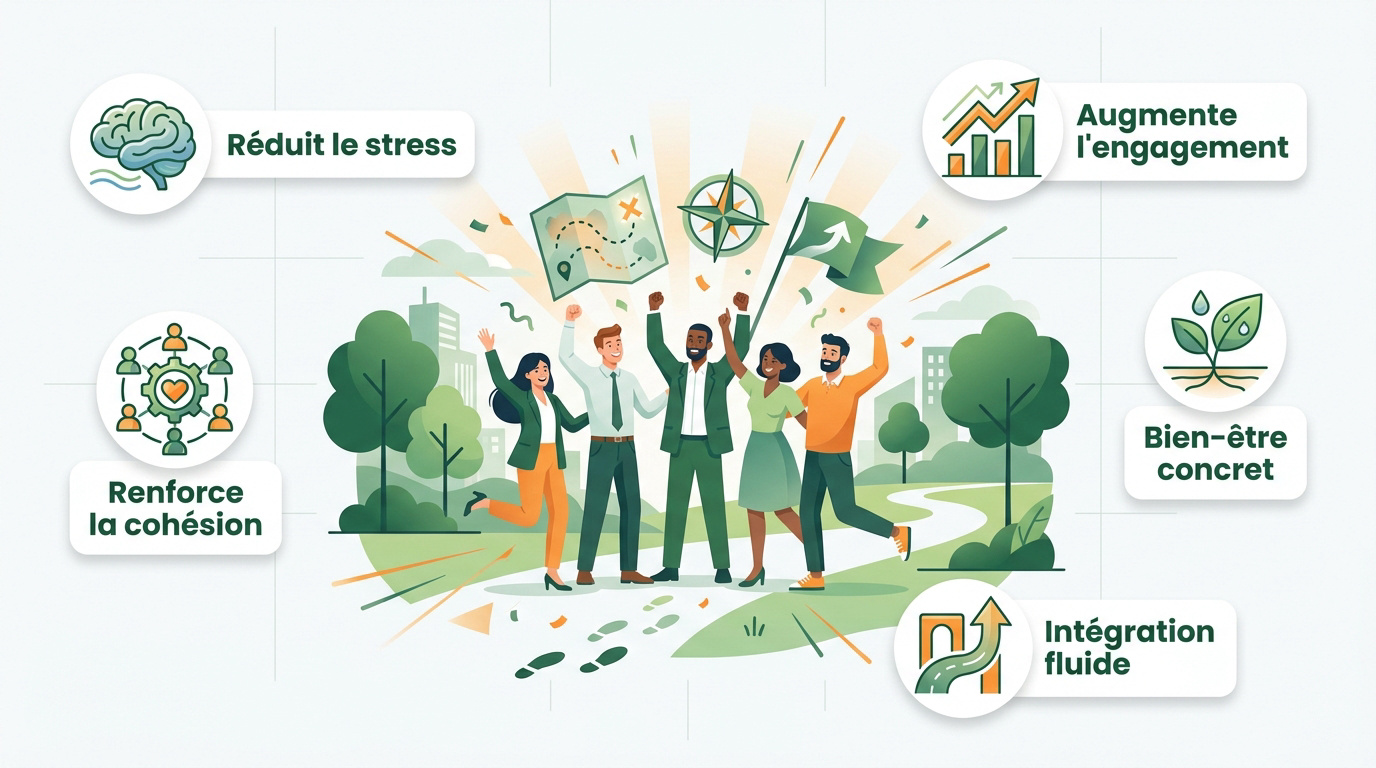 Équipe soudée célébrant une victoire lors d'une activité de cohésion en extérieur