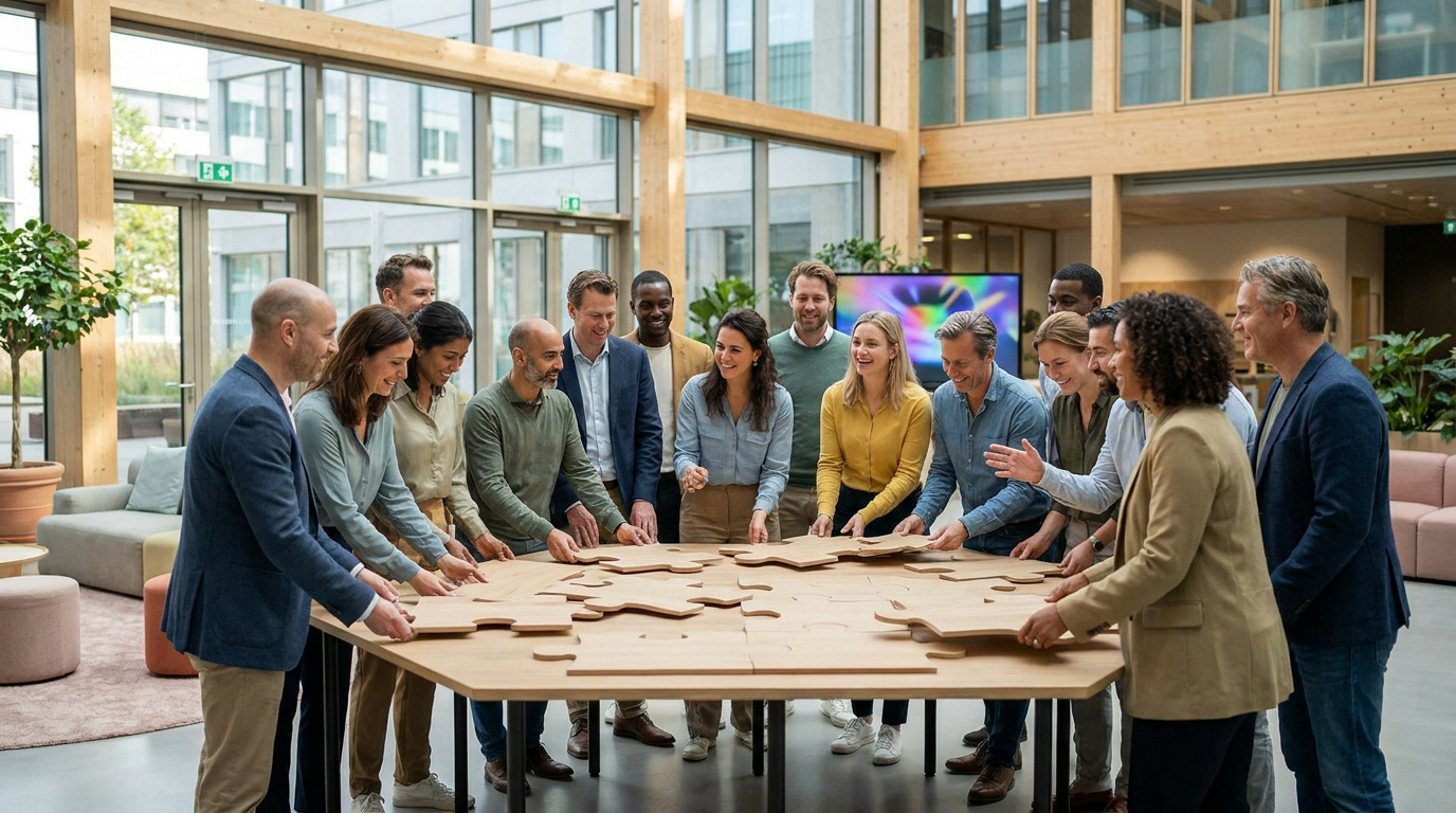 Un groupe divers de professionnels souriants assemble un grand puzzle en bois sur une table hexagonale lors d'un team building.