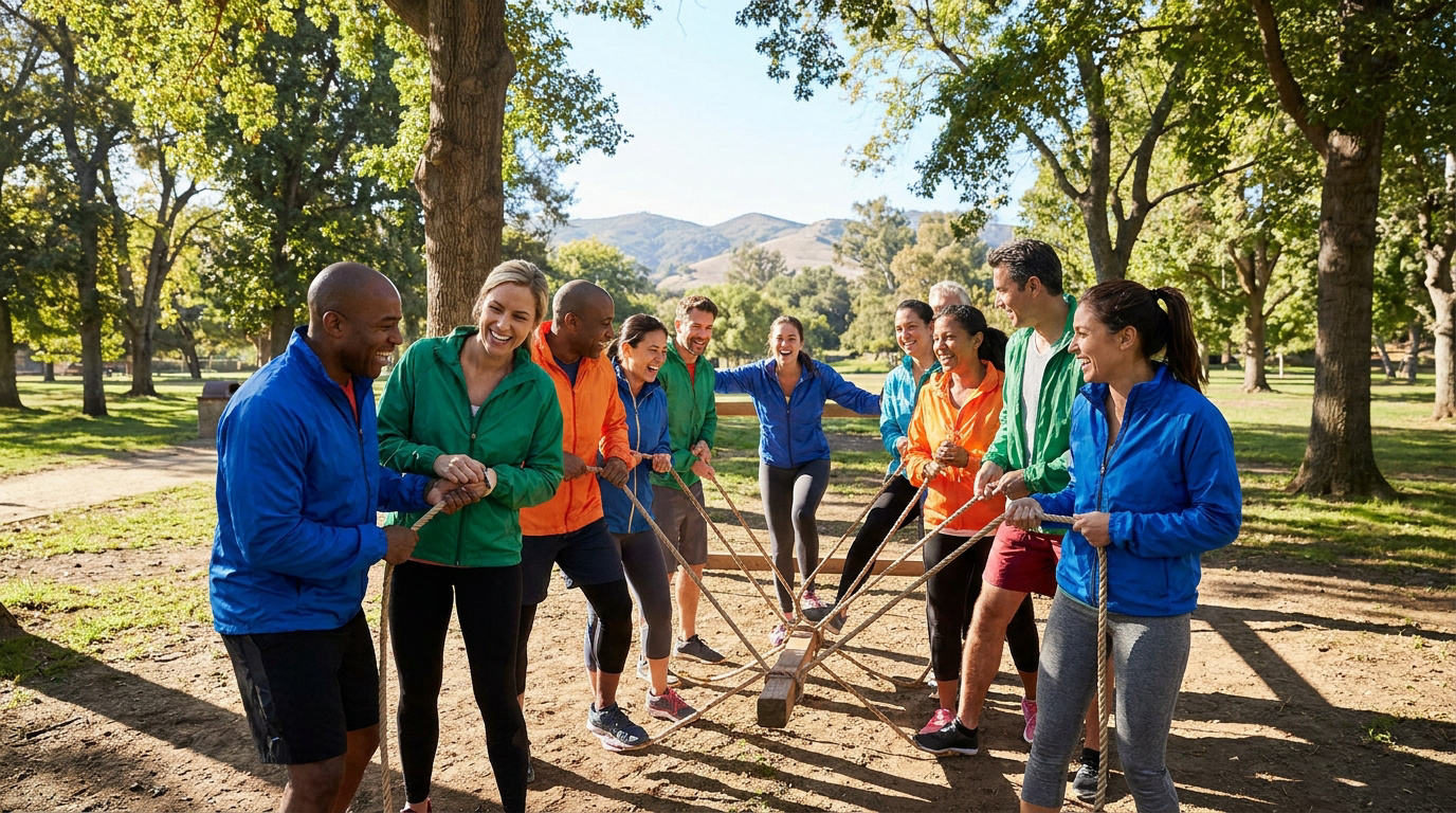 Groupe diversifié d'adultes riant et collaborant lors d'une activité de team building en extérieur avec des cordes et un tronc en bois.