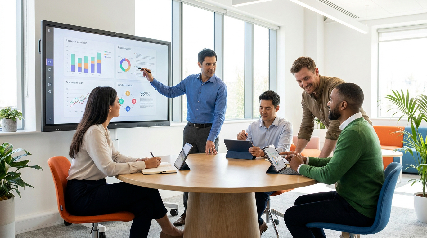 Une équipe diversifiée de 5 professionnels en réunion. Un homme présente des données sur un écran interactif, les autres collaborent sur tablettes.