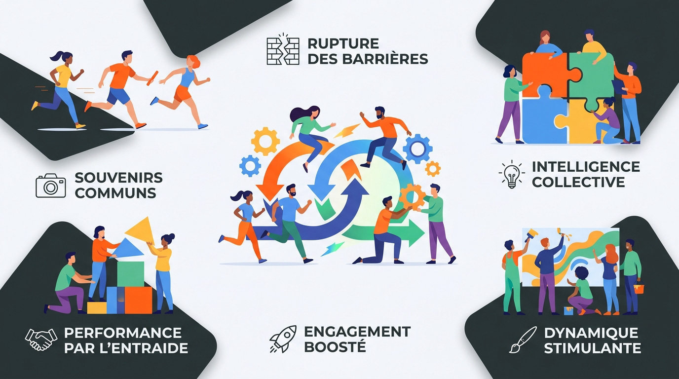 Équipe soudée participant à un challenge multi-activités en entreprise