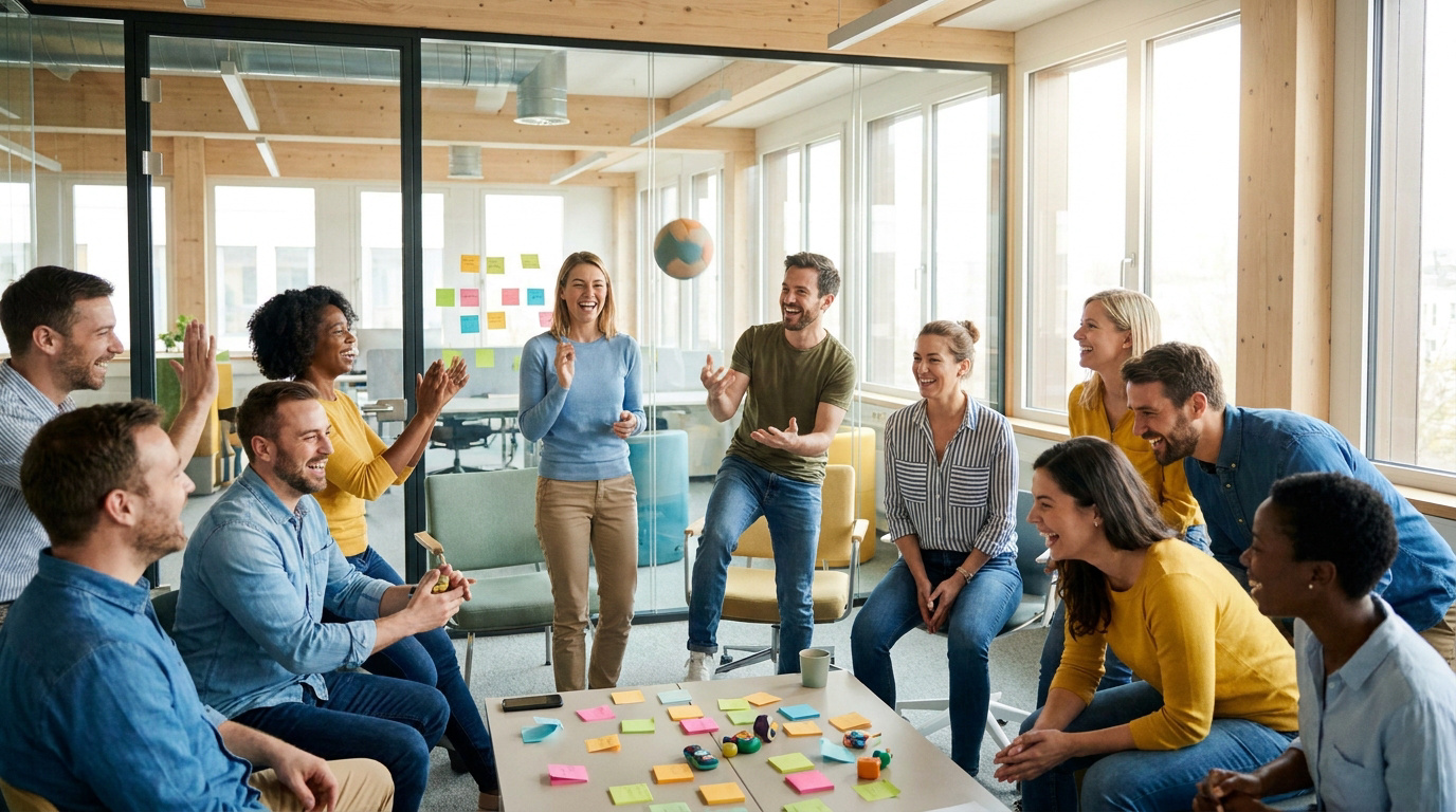 Un groupe de collègues riant et s'amusant pendant un ice breaker en entreprise avec un homme jonglant. Ambiance dynamique et collaborative.