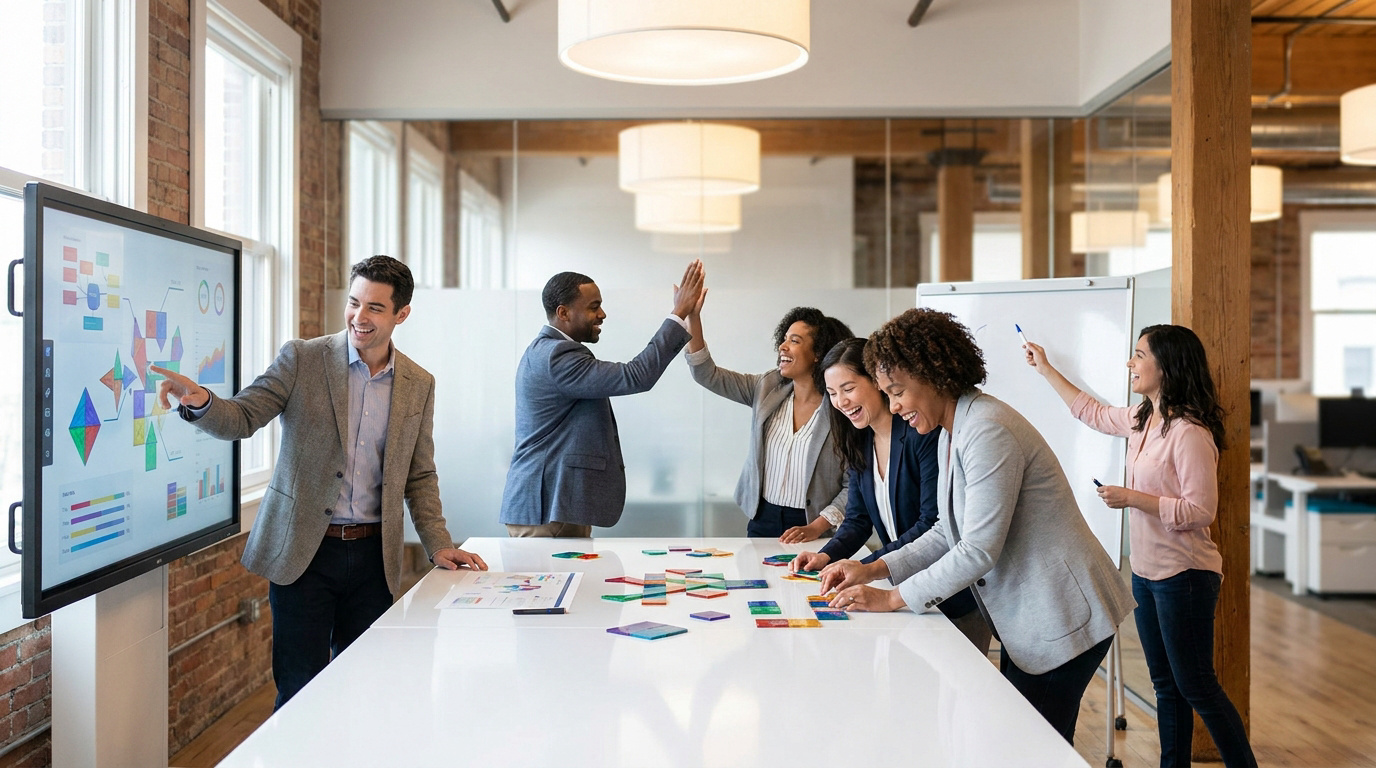 Groupe diversifié souriant, travaillant en équipe dans un bureau moderne. Un homme pointe un écran interactif, d'autres jouent avec des tuiles colorées, et deux personnes se donnent un high-five.