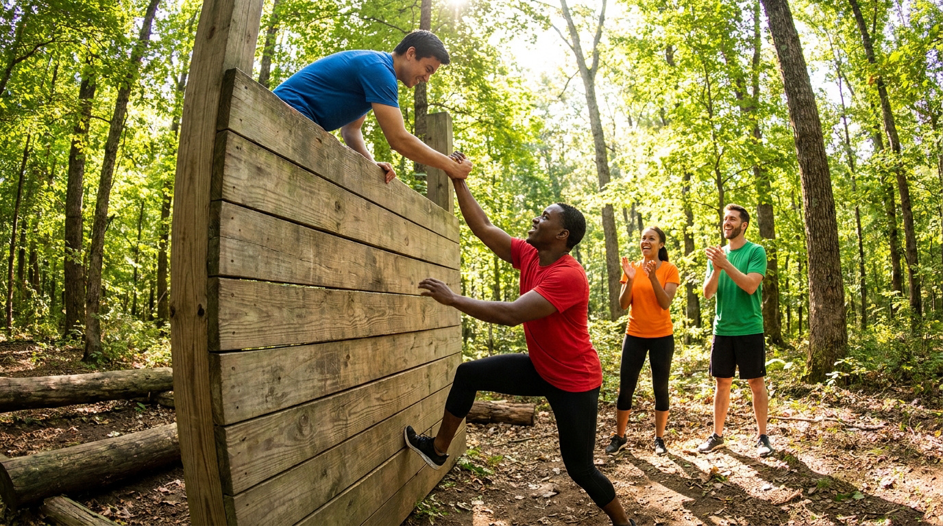 Deux hommes s'entraident pour franchir un mur d'obstacles en bois, encouragés par deux équipiers dans une forêt ensoleillée.