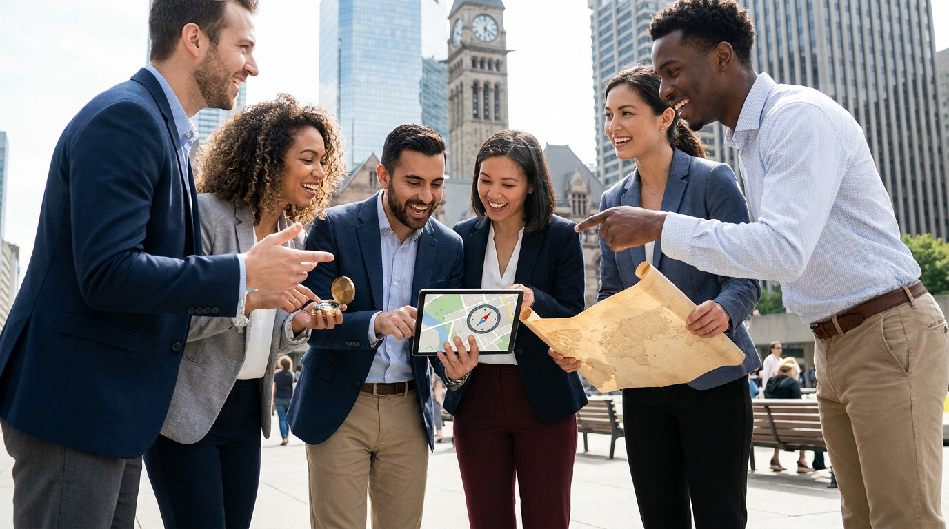 Six professionnels souriants naviguent en ville pour un jeu de piste, utilisant une tablette avec carte, boussole et parchemin ancien.