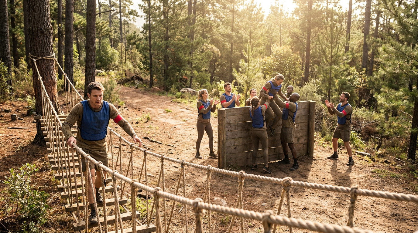 Un groupe d'adultes franchit un parcours d'obstacles en forêt, avec un homme sur un pont et d'autres escaladant un mur ensemble.