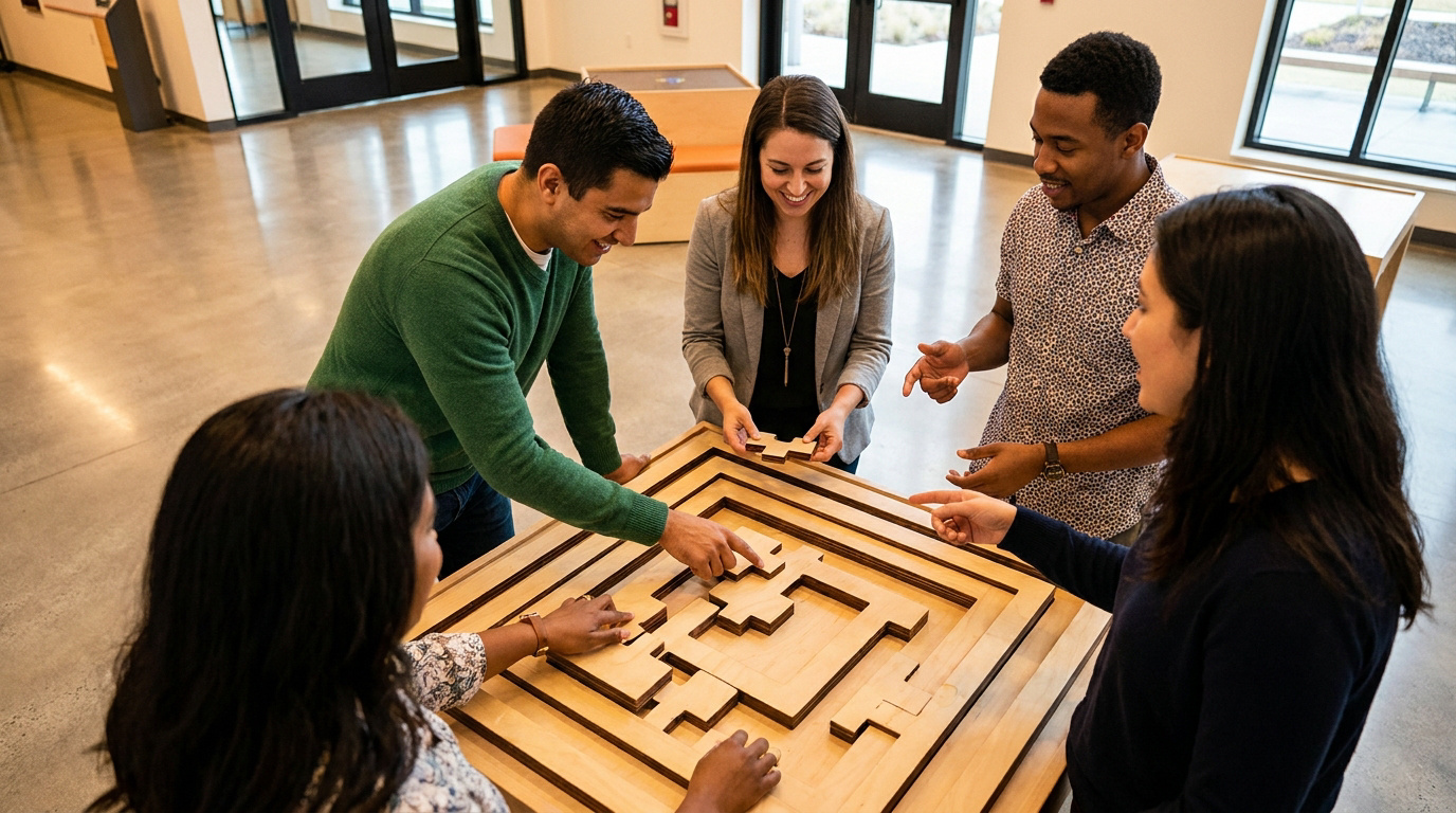 Cinq collègues souriants, d'origines diverses, collaborent autour d'un grand puzzle en bois lors d'une activité de team building indoor.