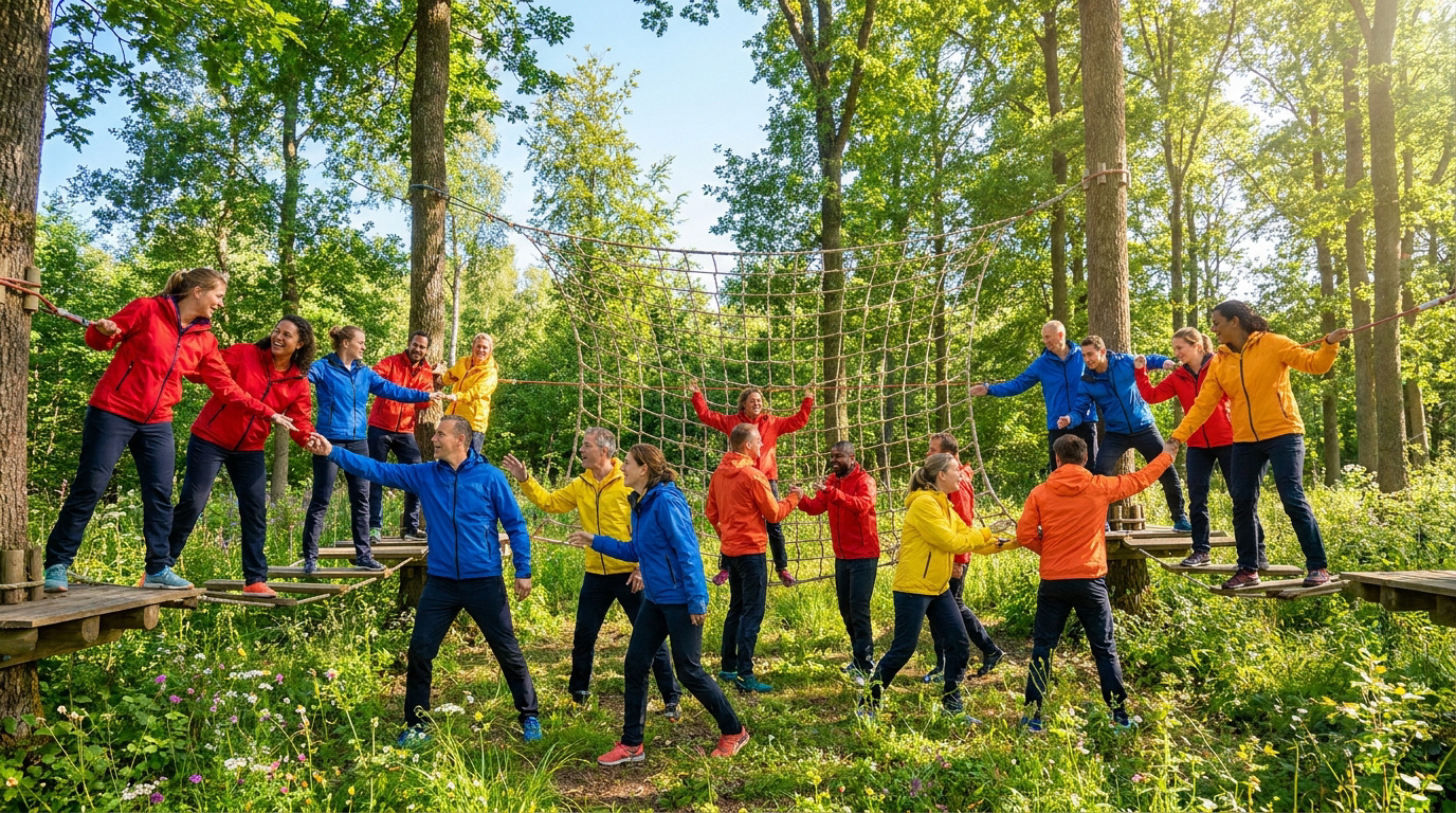 Un groupe diversifié participe à un team building sur un parcours d'aventure en forêt, souriant et s'entraidant.