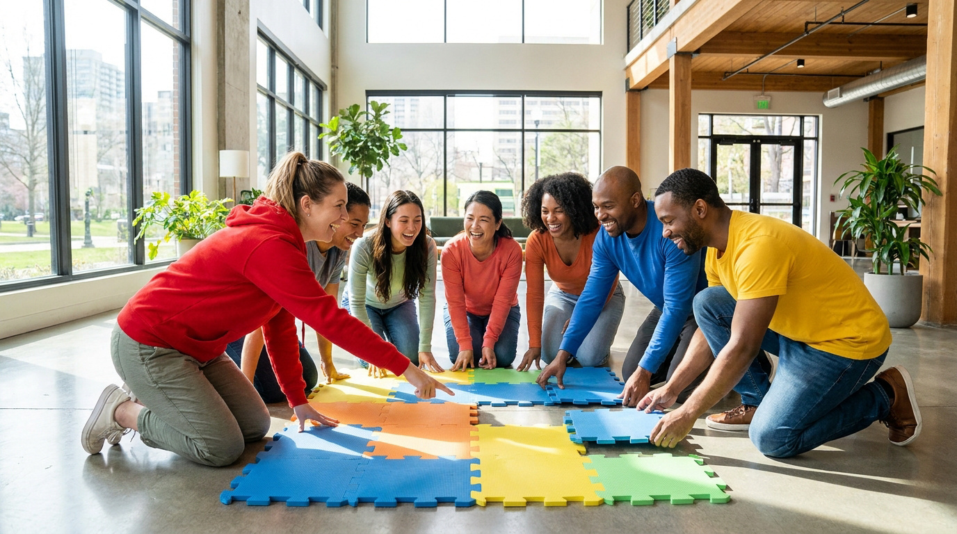 Un groupe diversifié d'adultes riants assemble des dalles de sol colorées (bleues, jaunes, vertes, oranges) dans un espace lumineux.