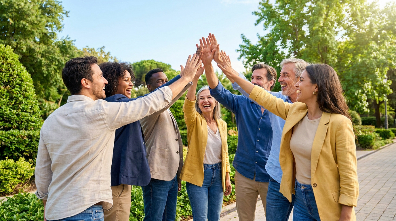 Six personnes souriantes de divers âges et origines font un high five collaboratif en extérieur, symbolisant l'unité d'équipe.