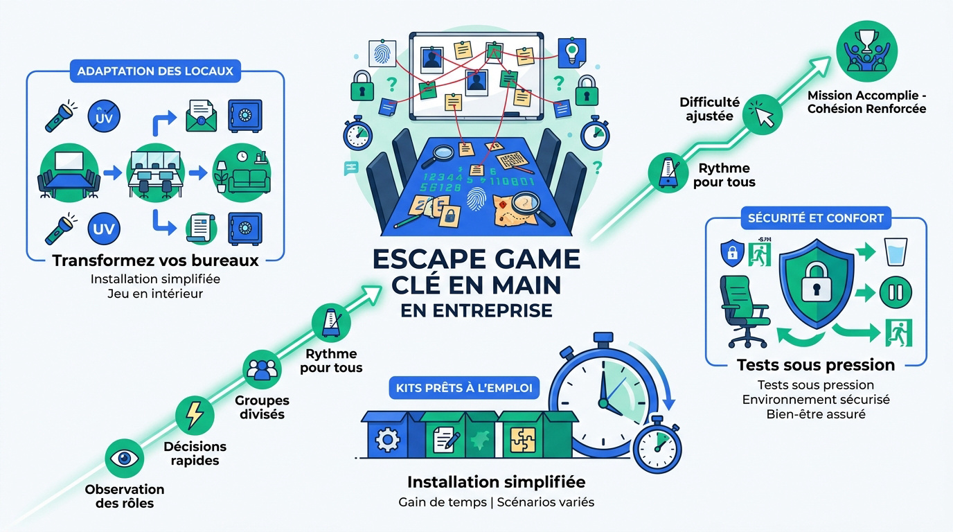 Équipe de collaborateurs résolvant une énigme d'escape game en entreprise