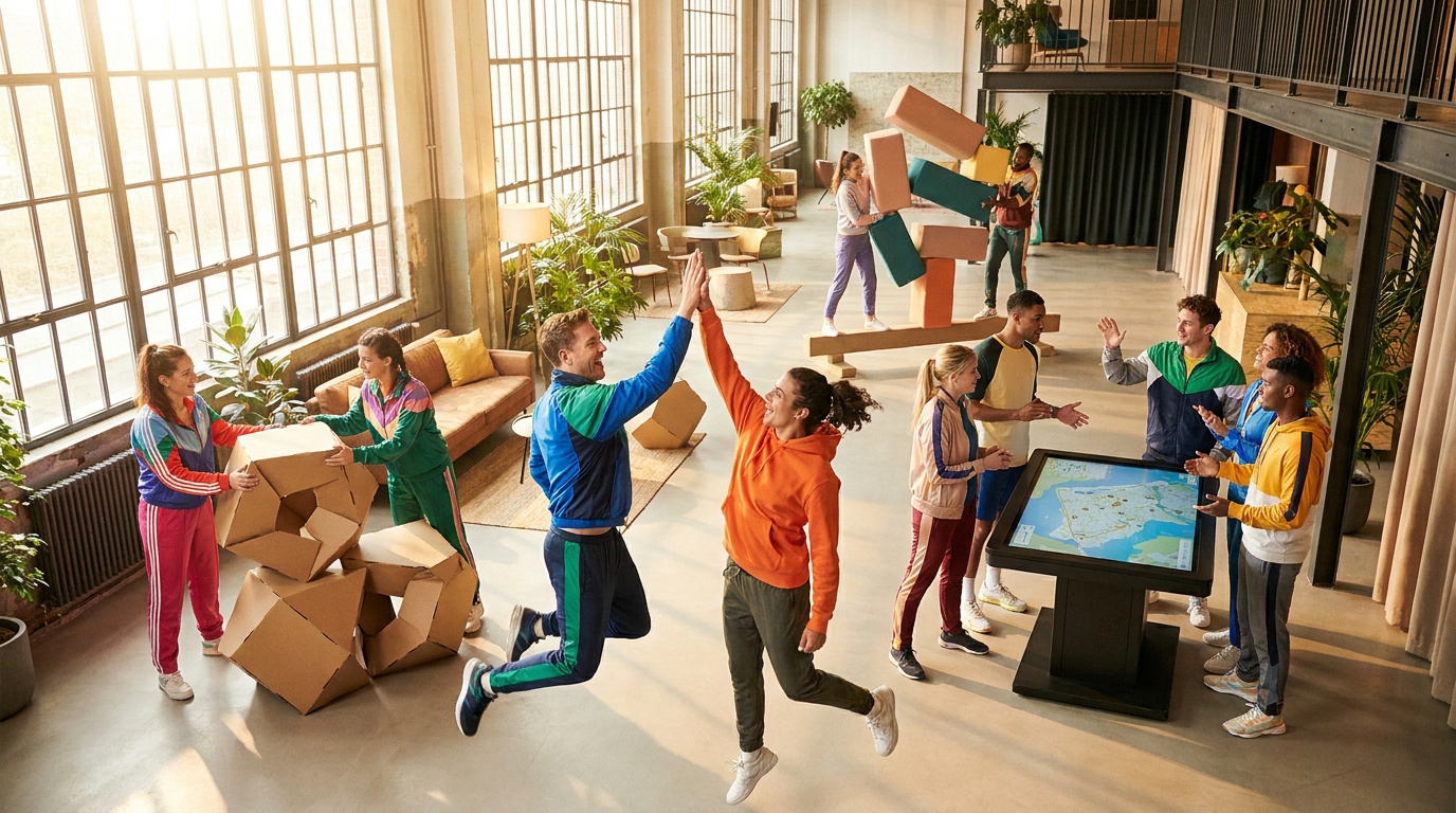 Un groupe diversifié participe à diverses activités de team building. Des personnes construisent, d'autres se saluent avec un high-five et interagissent avec un écran. Ambiance dynamique et collaborative.
