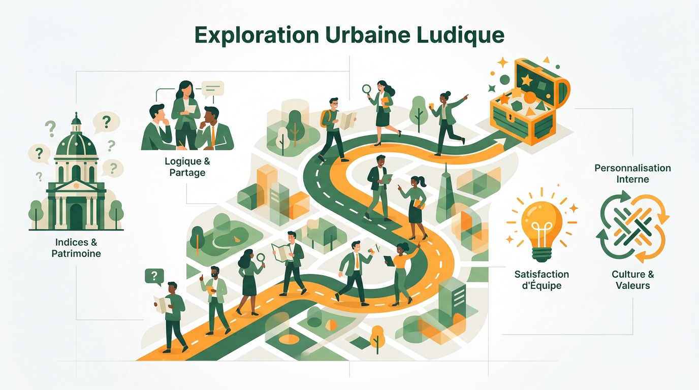 Équipe de collaborateurs participant à une chasse au trésor urbaine et résolvant des énigmes en extérieur