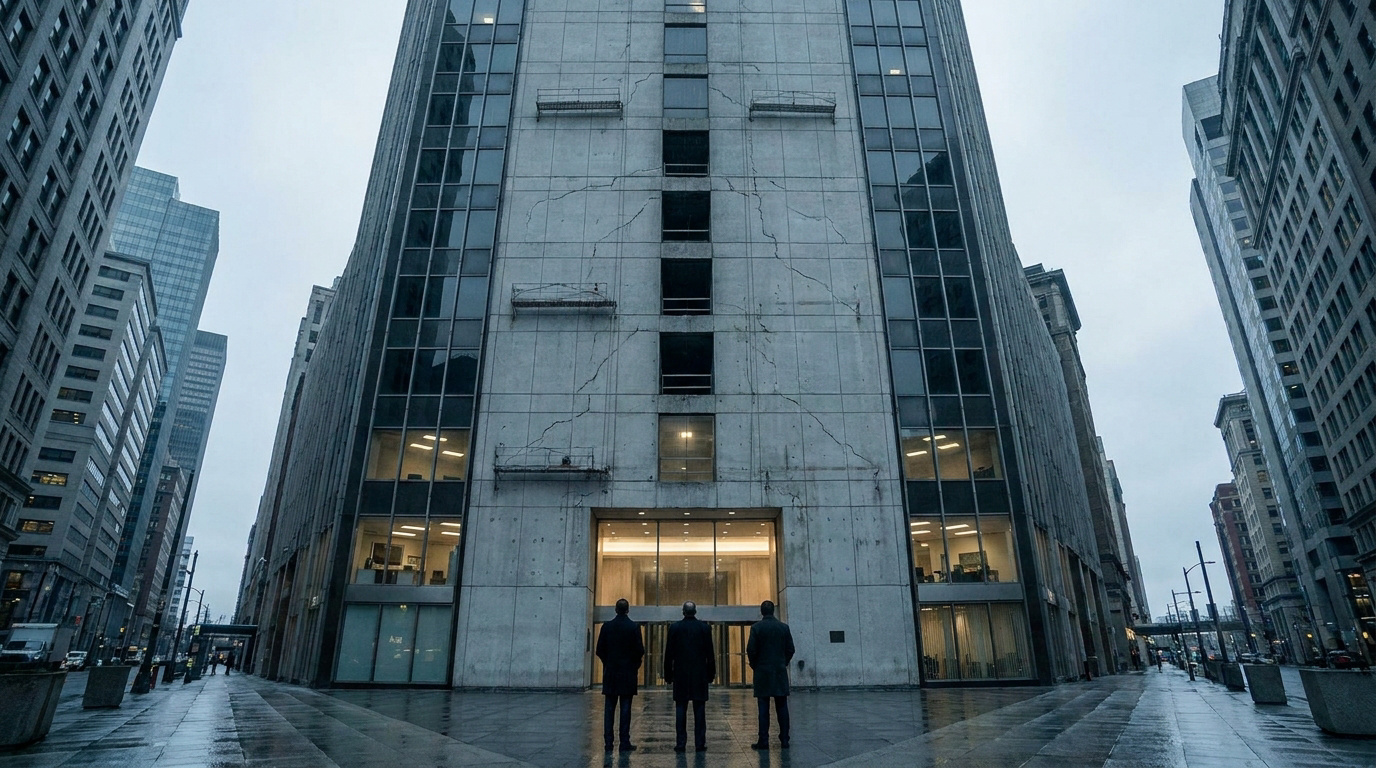 Trois hommes face à un grand immeuble en béton fissuré, symbole de déclin, sous un ciel gris et pluvieux.