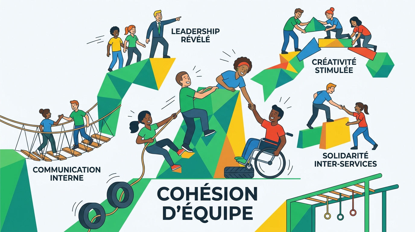 Collaborateurs s'aidant mutuellement à franchir un mur lors d'un parcours d'obstacles en entreprise