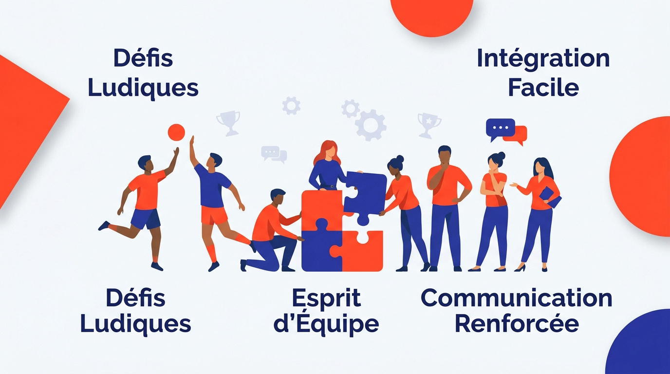 Équipe de collaborateurs soudée lors d'une activité de cohésion en entreprise