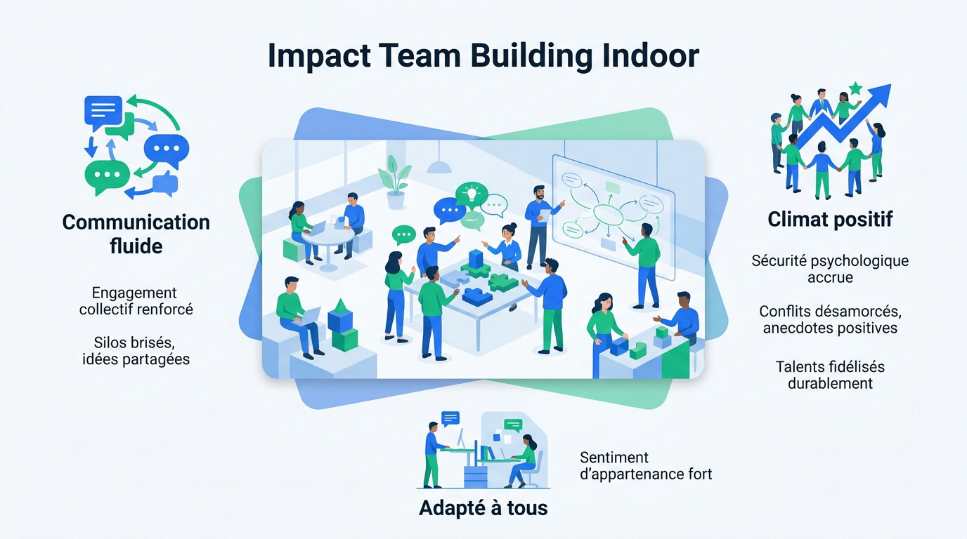 Collaborateurs engagés lors d'une activité de team building en intérieur favorisant la cohésion d'équipe