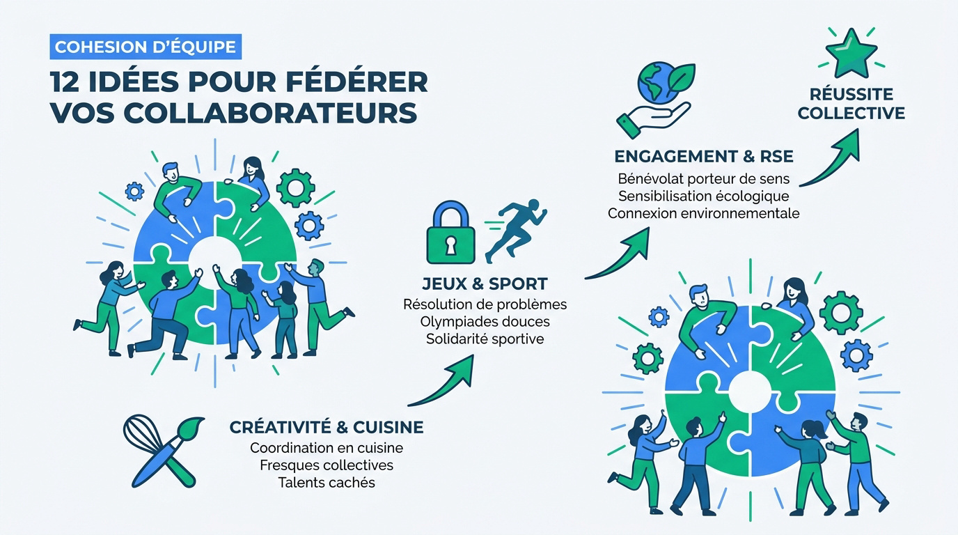 Infographie présentant 12 idées d'activités de cohésion pour vos équipes