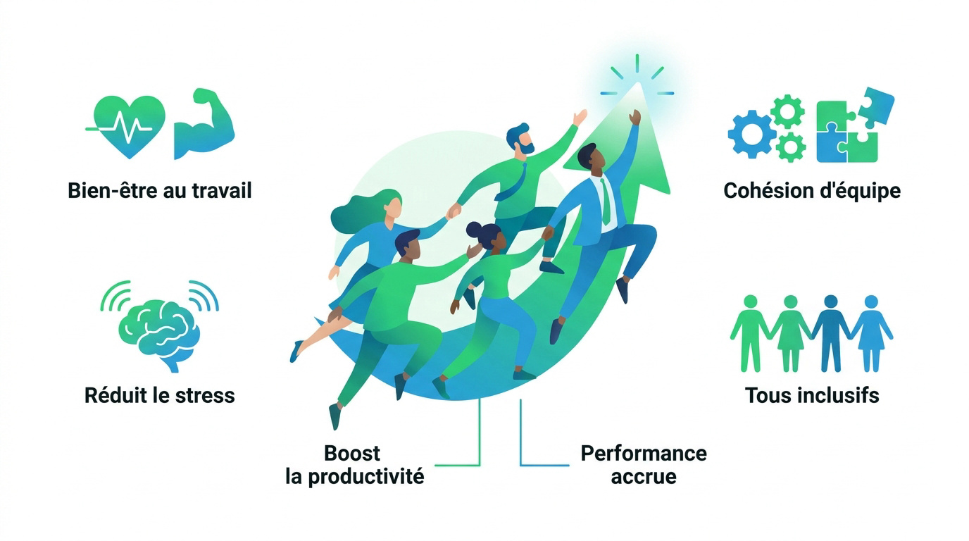 Infographie montrant les bénéfices du sport en entreprise sur la performance et la cohésion