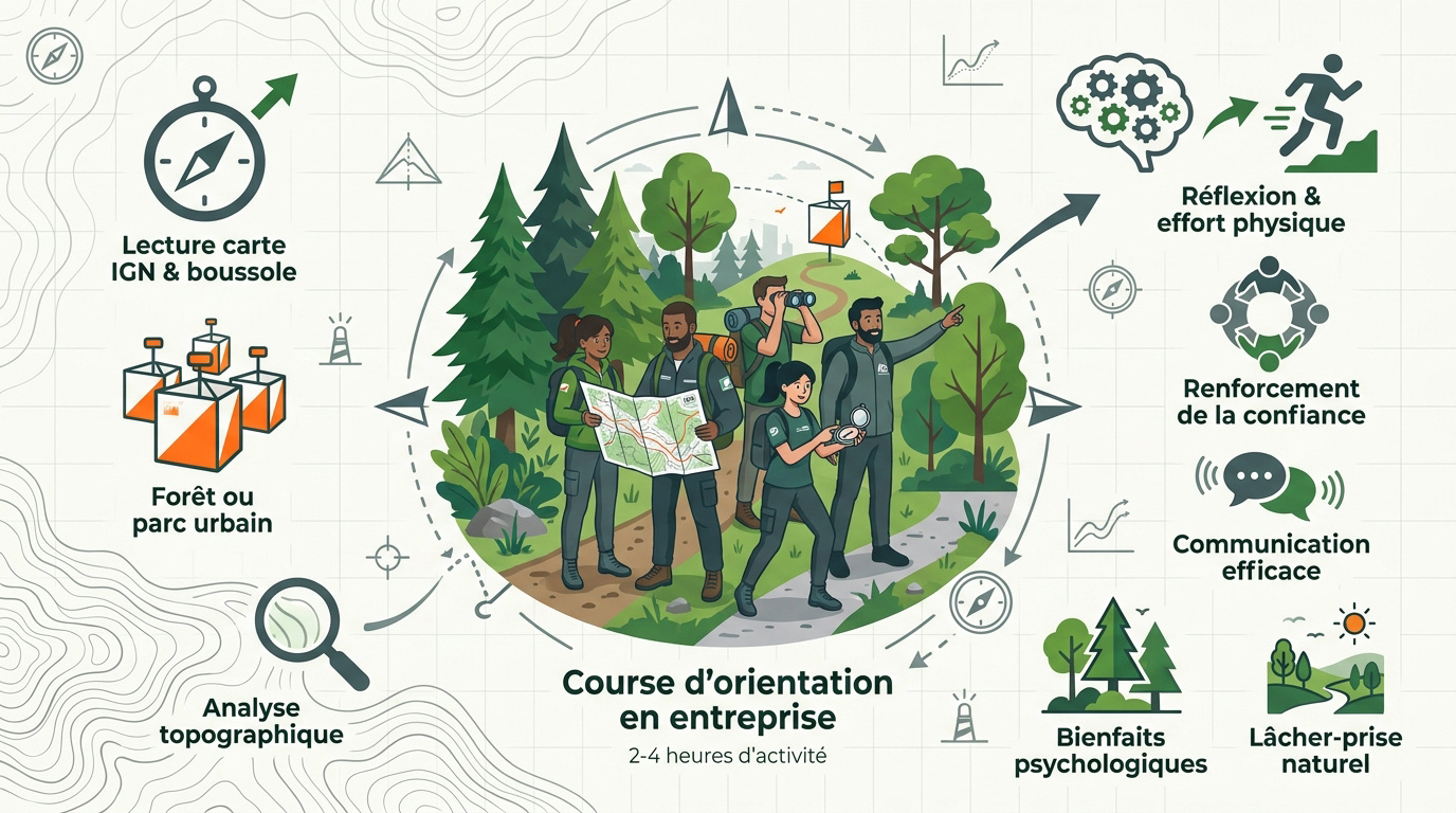 Infographie expliquant les étapes d'une course d'orientation en entreprise