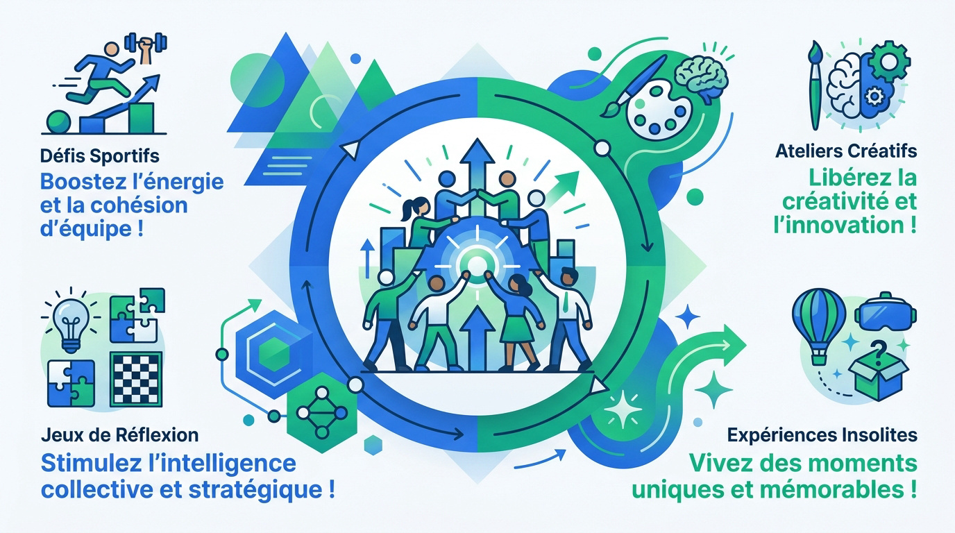Infographie présentant différentes activités de groupe en entreprise pour le team building