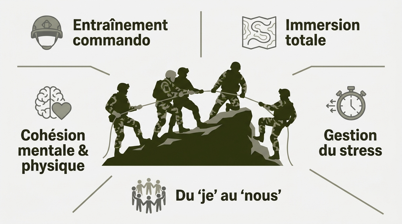 Infographie présentant les étapes d'un entraînement commando pour la cohésion d'équipe