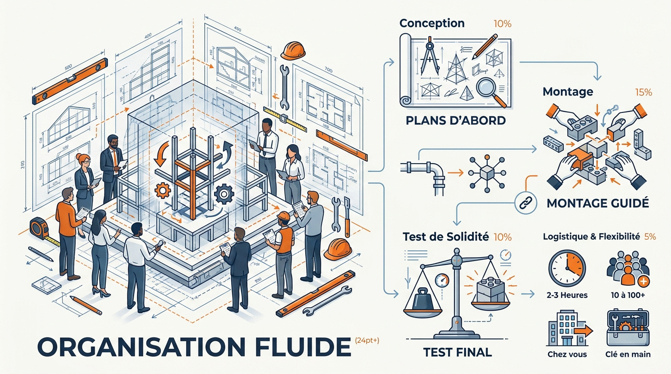 Infographie détaillant les étapes logistiques d'un atelier de construction en équipe