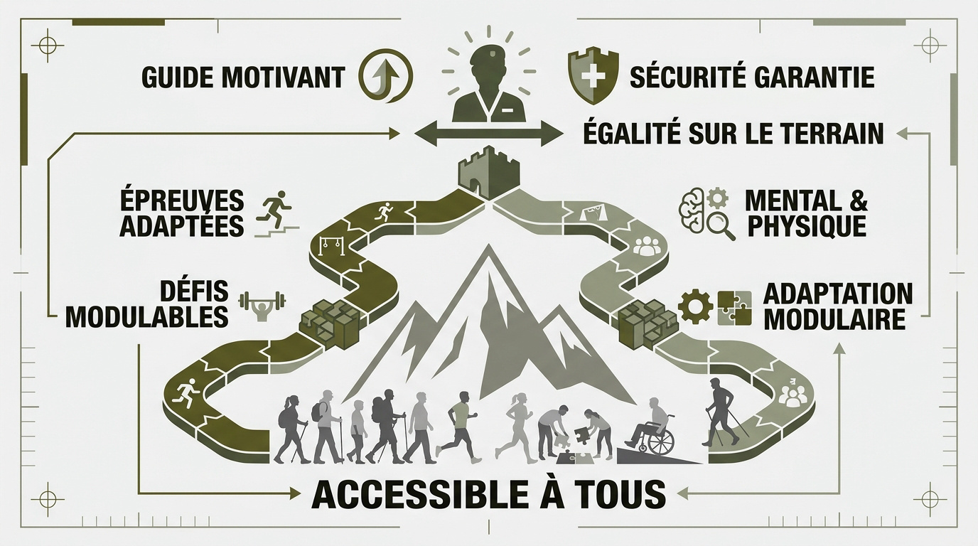 Infographie présentant le parcours de team building militaire adaptatif et inclusif pour tous les collaborateurs