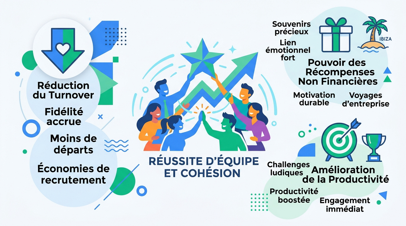 Infographie montrant la réussite d'une équipe grâce à la productivité et la fidélité des collaborateurs