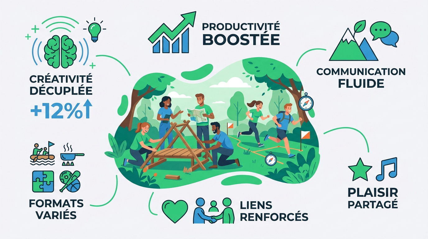 Infographie montrant les bénéfices du team building en extérieur sur la cohésion d'équipe
