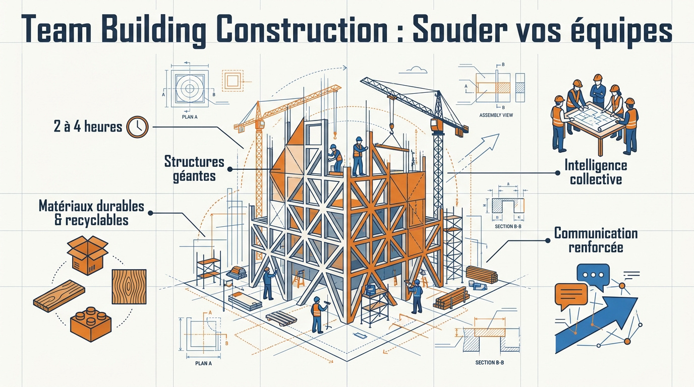 Infographie présentant les étapes d'un team building de construction en équipe
