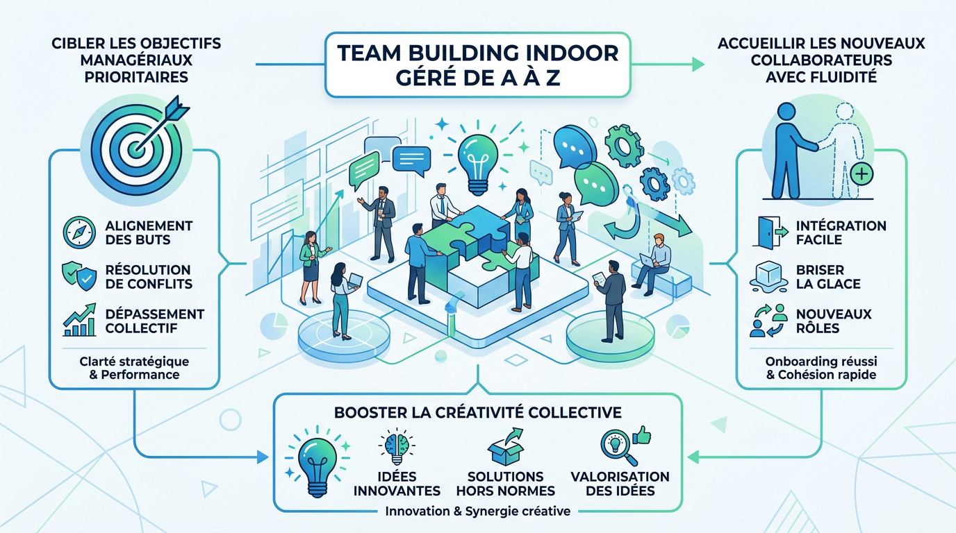 Infographie présentant les bénéfices clés d'un team building indoor réussi en entreprise