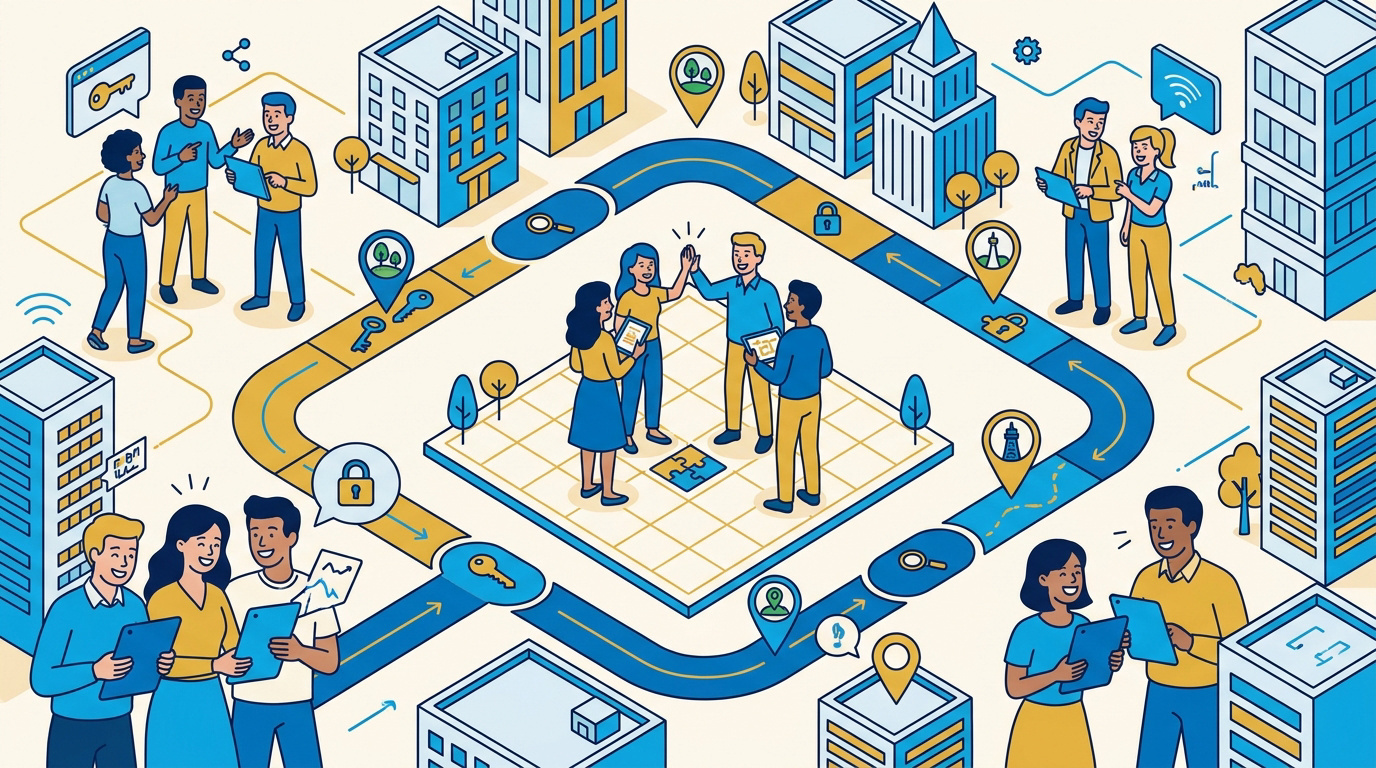 Illustration isométrique d'un jeu de piste en milieu urbain avec des participants et des indices