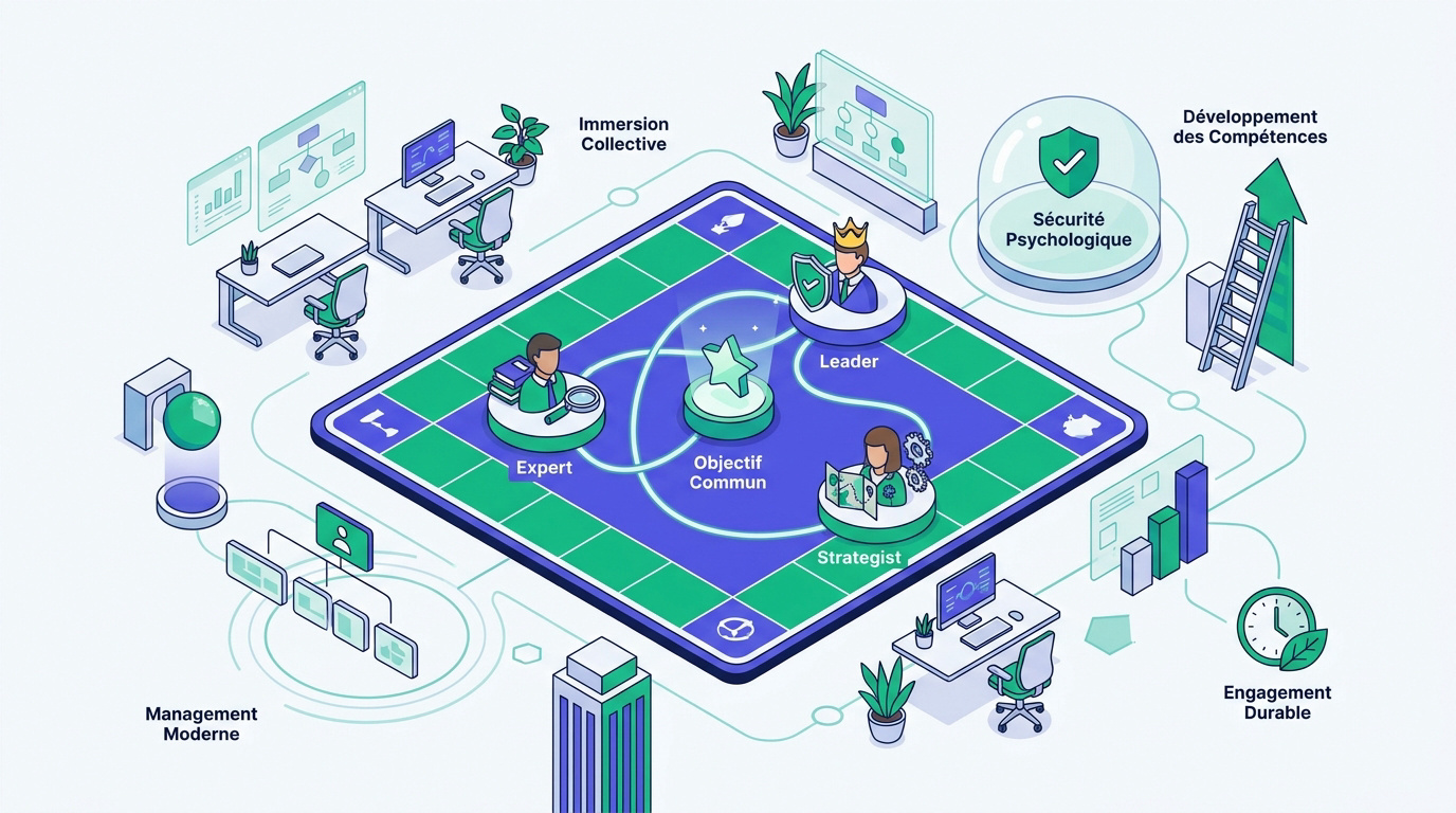 Illustration isométrique d'une équipe collaborant autour d'un jeu de rôle stratégique