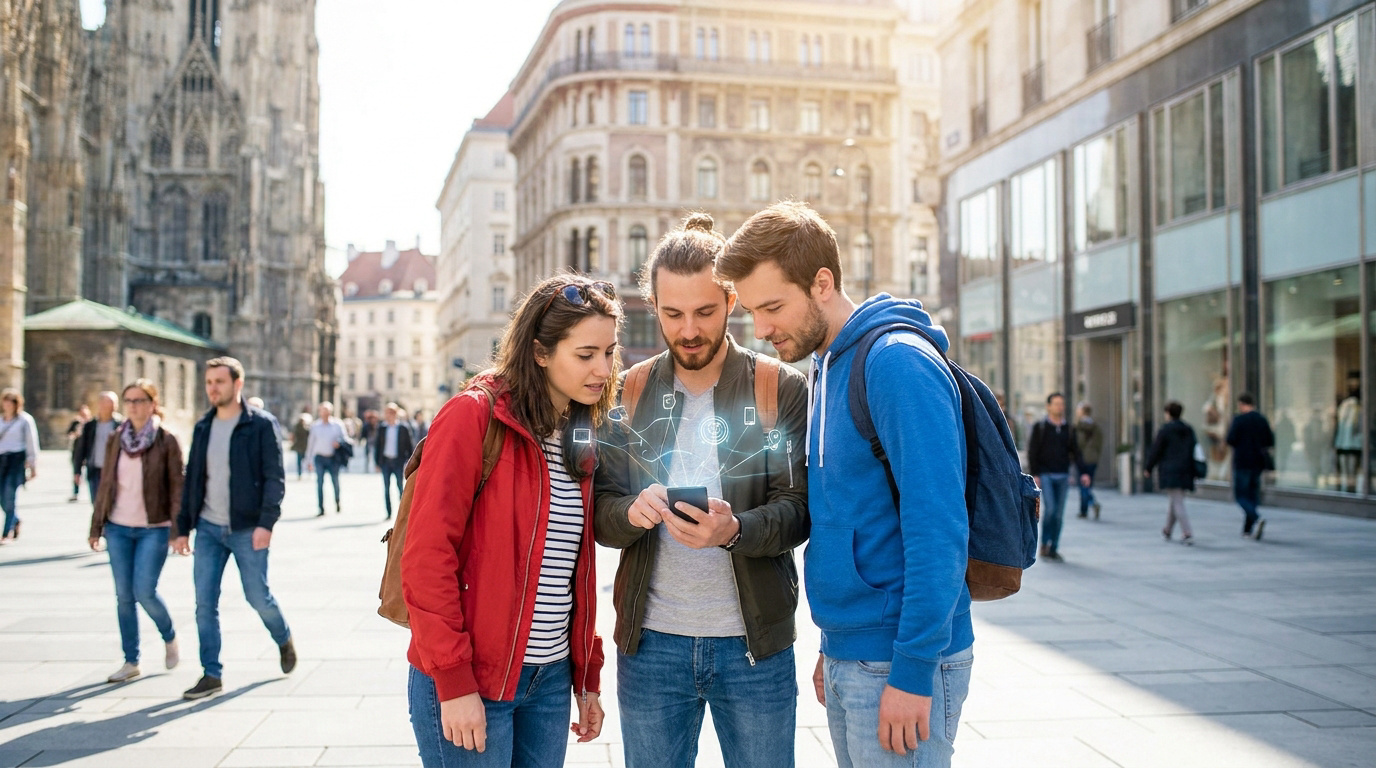Trois jeunes regardent un smartphone affichant des icônes numériques lumineuses dans une rue piétonne animée, bâtiments historiques en arrière-plan.