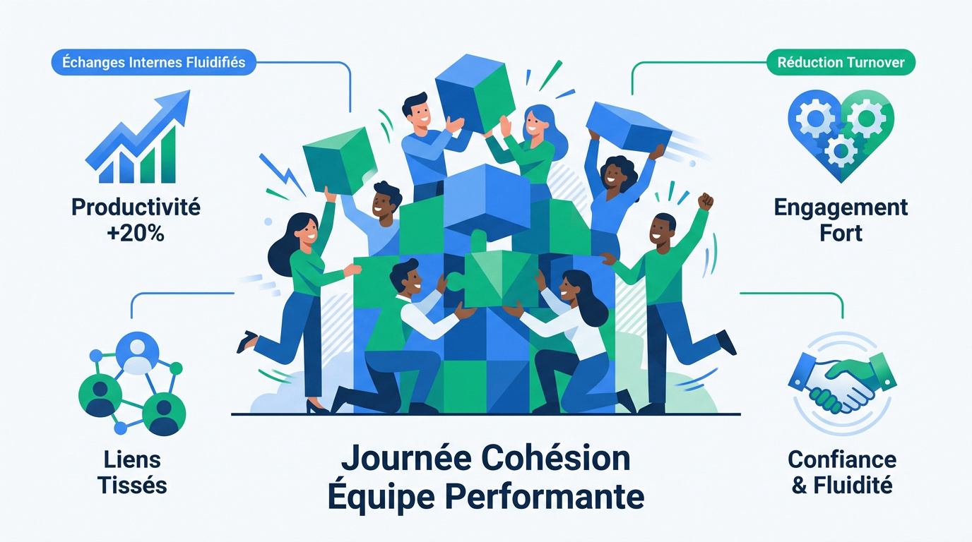 Collaborateurs souriants lors d'une activité de cohésion d'équipe en entreprise