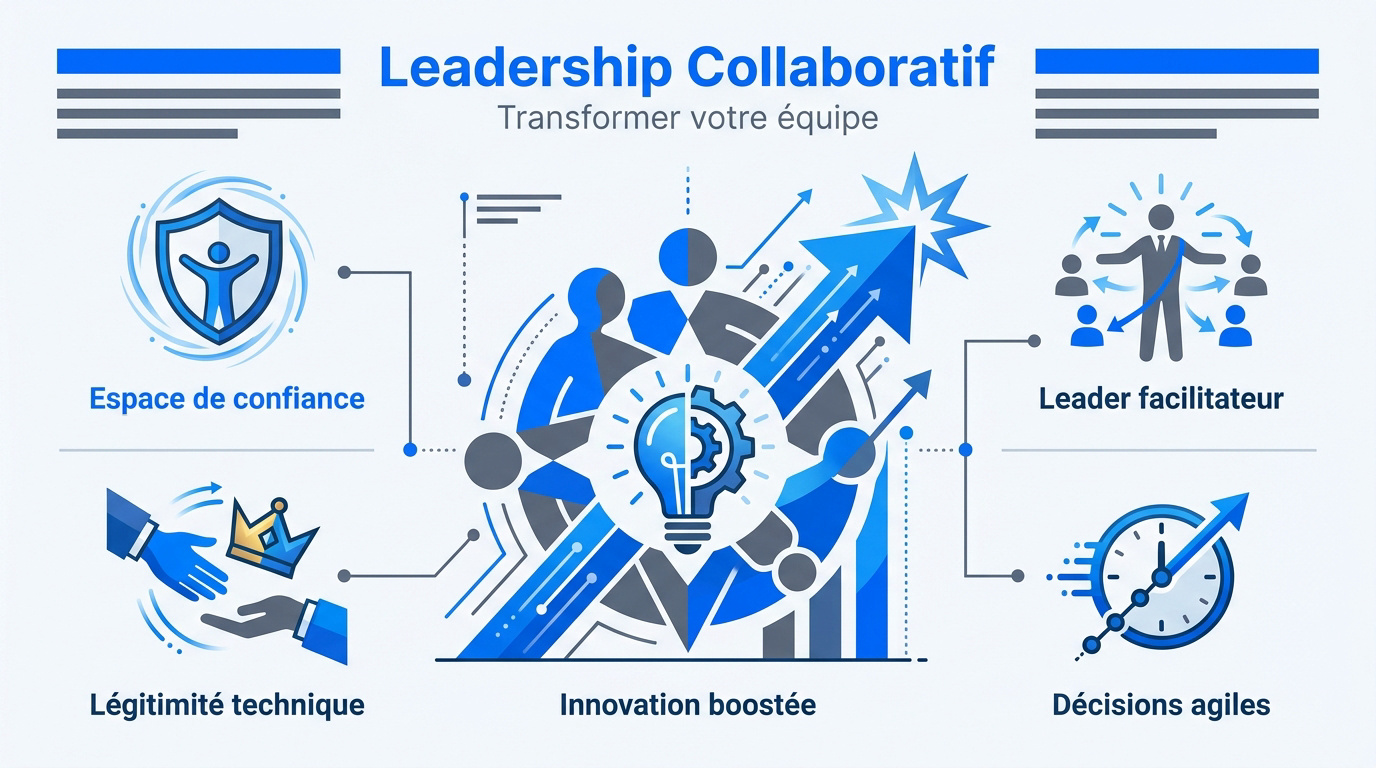 Équipe en réunion pratiquant le leadership collaboratif et le partage d'expertise