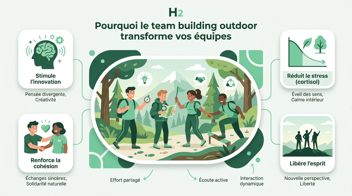 Équipe participant à une activité de team building outdoor en pleine nature