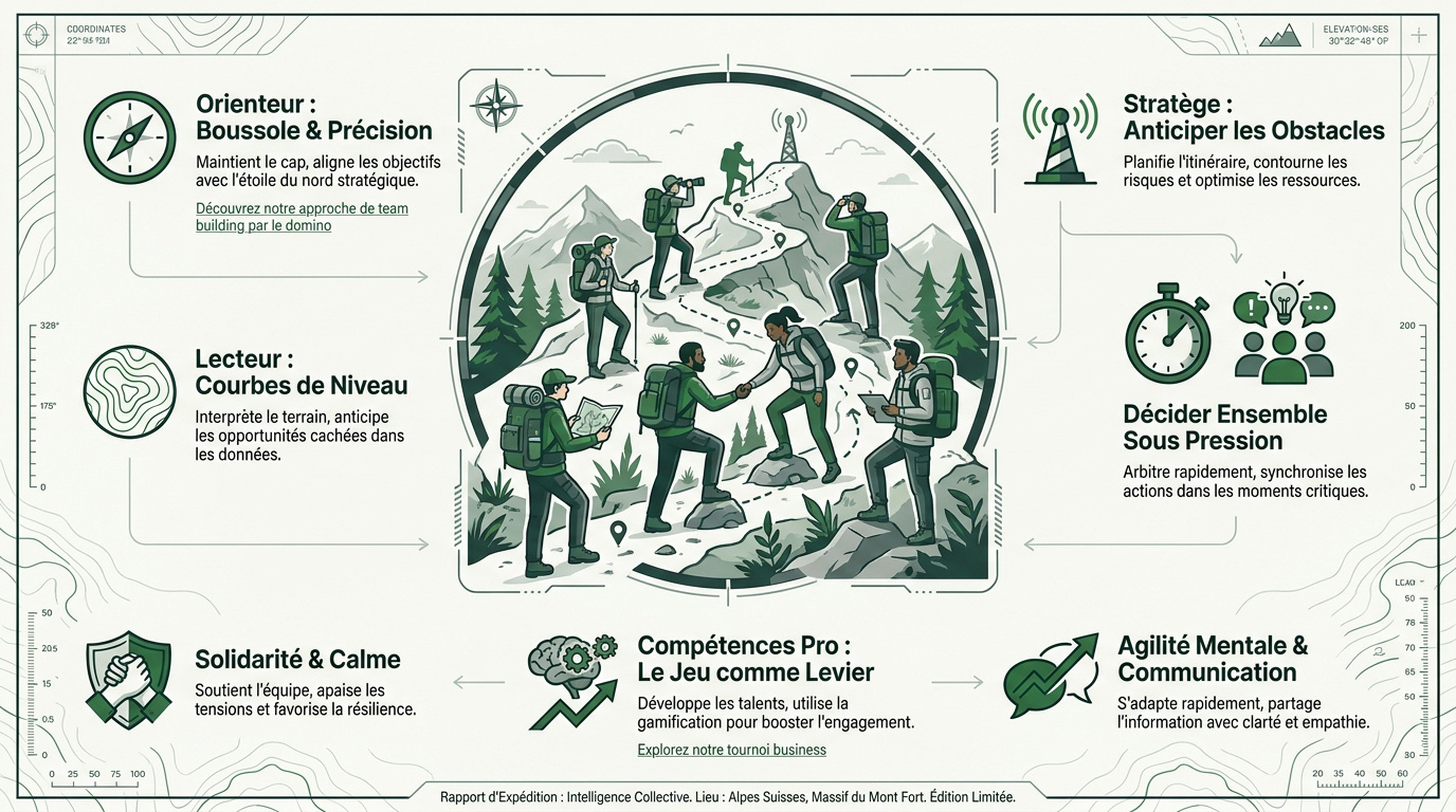 Équipe en pleine course d'orientation collaborant pour trouver une balise en forêt