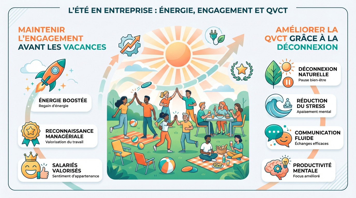 Équipe souriante participant à un team building en extérieur sous le soleil d'été