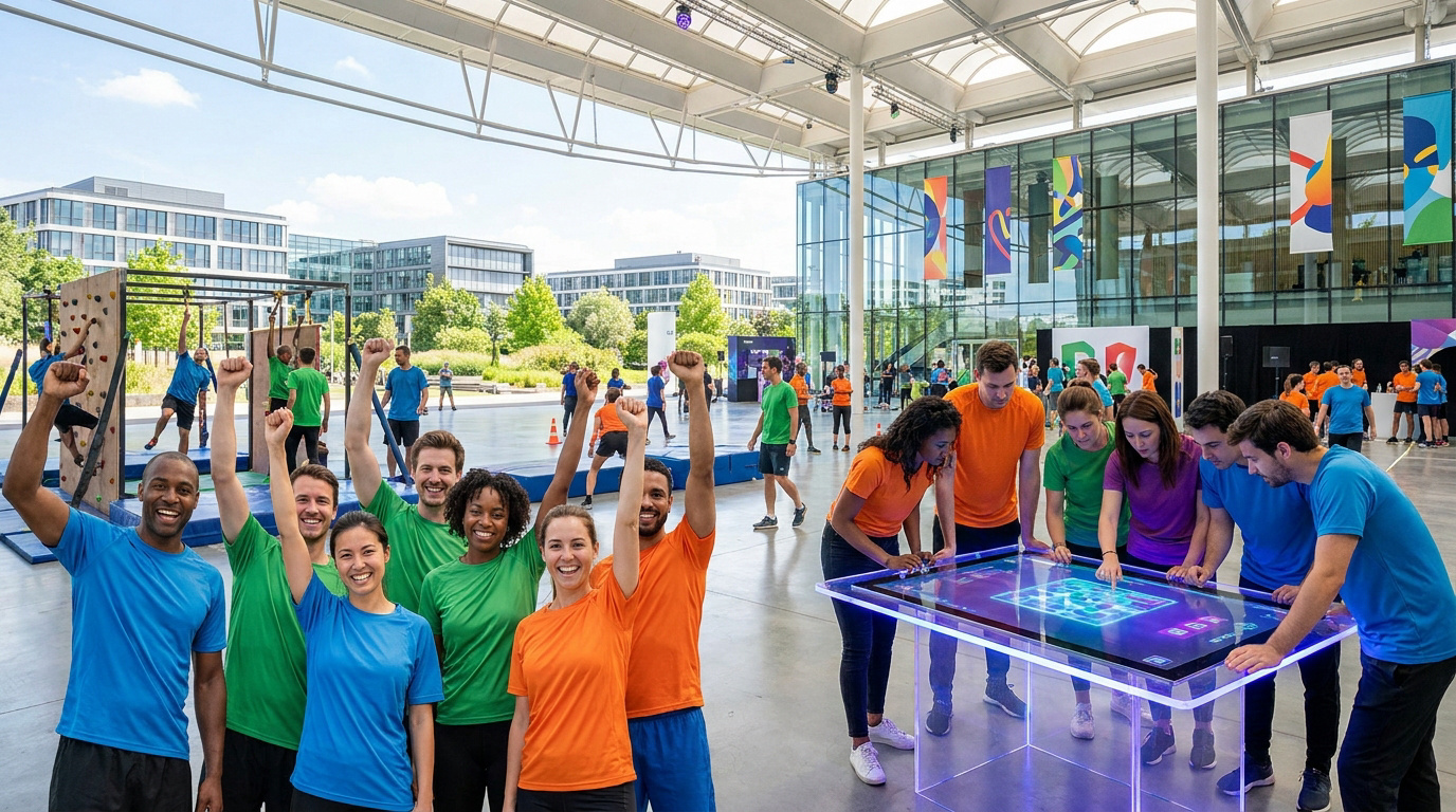 Participants souriants d'olympiades d'entreprise. Certains lèvent les poings, d'autres jouent sur une table numérique.