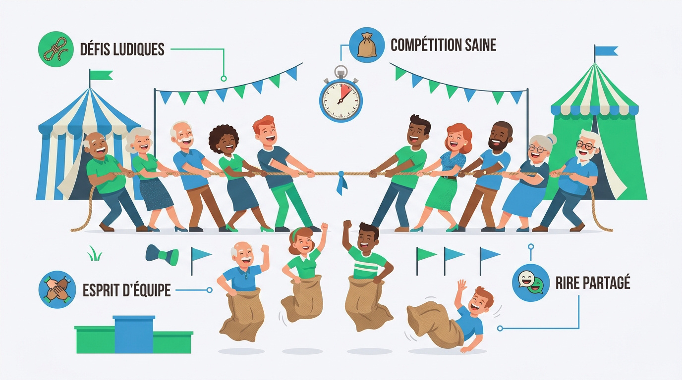 Collaborateurs s'amusant lors d'une épreuve de tir à la corde en plein air